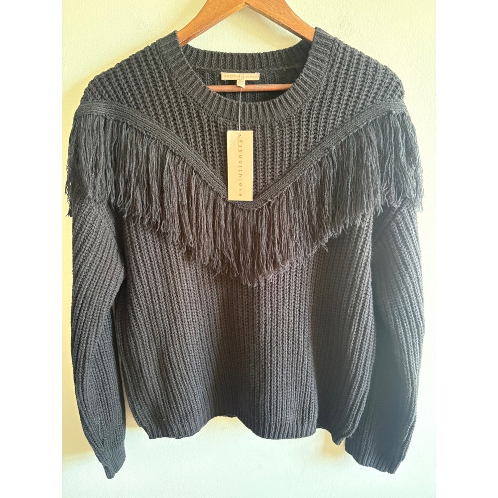 Evolutionary Black Fringe Knit Sweater XL NWT